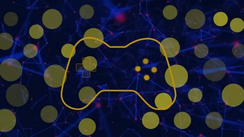 Animation of videogame controller icon, yellow spots and plexus networks against Stock Footage 326032752