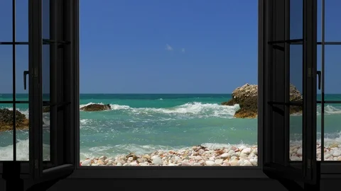 Animation view of the hotel window on the sea and the waves. Stock-Footage 121064503