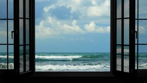 Animation view of the hotel window on the sea and the waves. Stock Footage 121064510