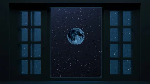 Animation view through the window to the full moon Stock Footage 128440901