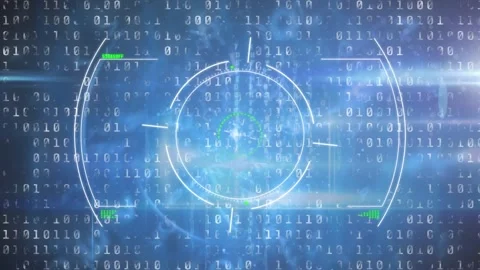 Animation of viewfinder and binary code on navy background with lights Stock Footage 330474724