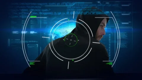 Animation of viewfinder, glitch and data processing over caucasian male hacker Stock Footage 329419872