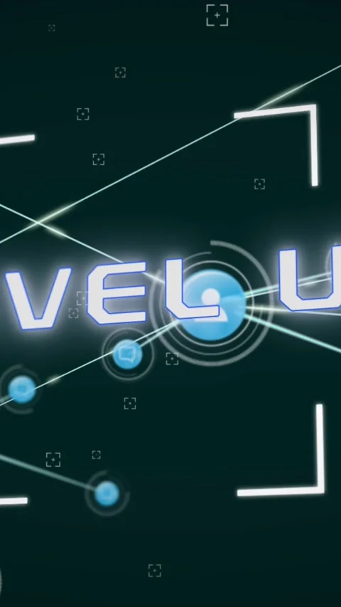 Animation of viewfinders with level up text and connected people and message Stock Footage 342010701