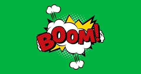 Animation of vintage comic cartoon cloud speech bubble with Boom! text written Stock Footage 324845611