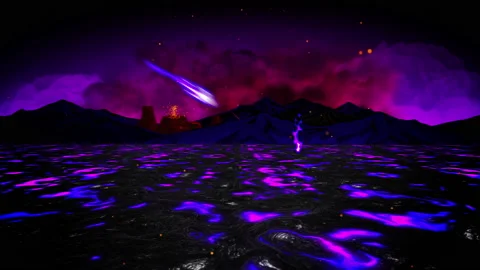 Animation of violet lava flow in desert island. Animated indigo magma background Stock Footage 158272949