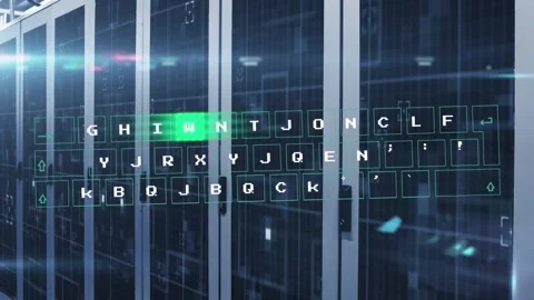 Animation of virtual keyboard and light spot against computer server room Stock Footage 326186893