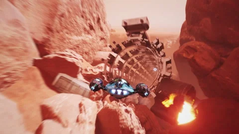 Animation of the virtual spaceship flying through the desert planet area map Stock Footage 305936812