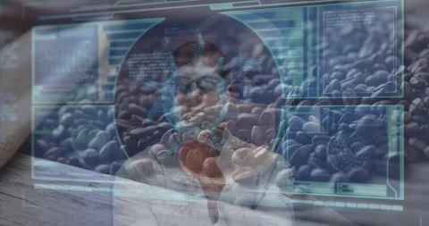 Animation of virus cell and data processing over caucasian man and coffee Stock Footage 327269845