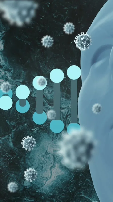 Animation of virus cells and dna over human face model and black background Stock Footage 342600129