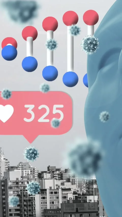 Animation of virus cells and dna over human face model, social media reactions Stock Footage 342650591