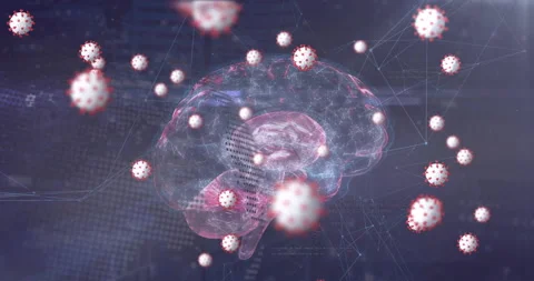 Animation of virus cells and globe over spinning brain Stock Footage 266194639