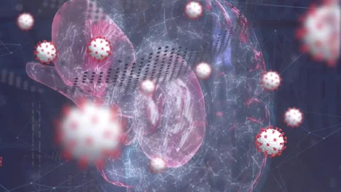 Animation of virus cells and globe over spinning brain Stock Footage 313186449