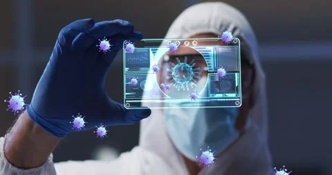 Animation of virus cells and human save over businesswoman using laptop Stock Footage 330171475