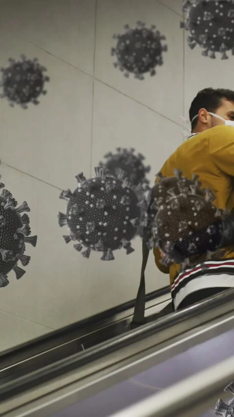 Animation of virus cells over back view of caucasian couple on escalators Stock Footage 342136680