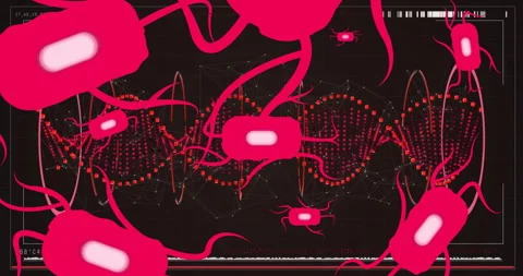 Animation of virus cells over data processing with dna strand on black Video stock 309841416