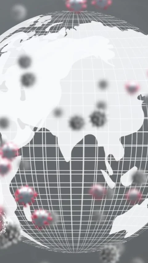 Animation of virus cells over globe on grey background Video stock 323152033
