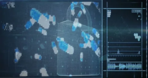 Animation of virus data processing, online security padlock and circuit board Video stock 329364237