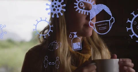 Animation of virus, mask, sanitizers vector icons moving over caucasian woman Stock Footage 326297466