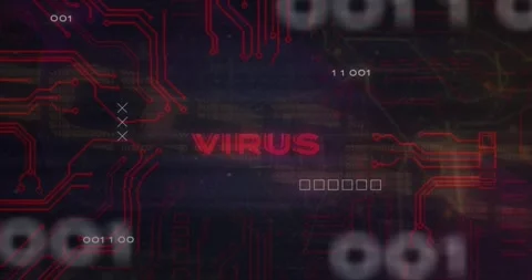 Animation of virus text and binary codes over circuit board pattern against 스톡 동영상 330402572