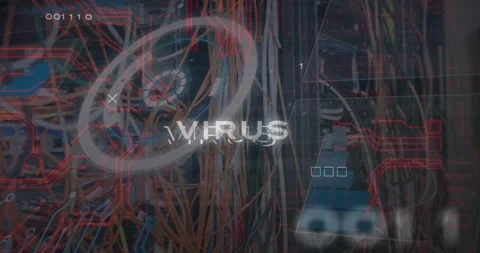 Animation of virus text and data processing over computer cables Stock Footage 327586729