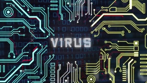 Animation of virus text banner over microprocessor connections and binary coding Stock Footage 328240355