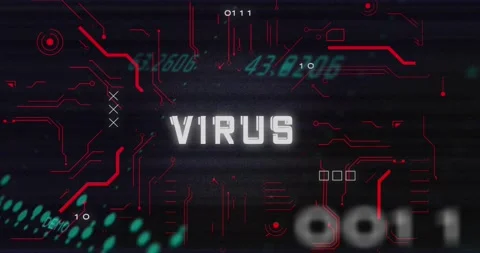 Animation of virus text, binary codes over circuit board pattern against graphs Stock Footage 244866247