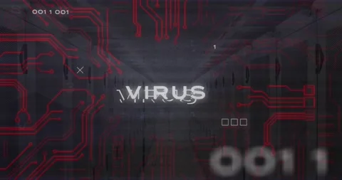 Animation of virus text, binary codes and circuit board pattern over server room Stock Footage 246909228