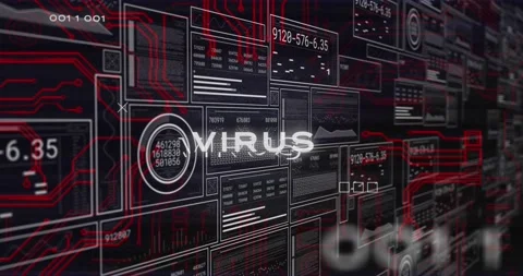 Animation of virus text with binary codes, changing numbers, graphs, loading Stock Footage 249324209