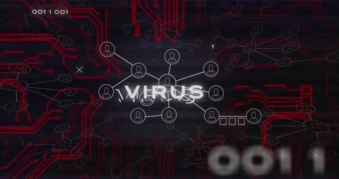 Animation of virus text, binary codes over connected icons against circuit board Stock Footage 330342217