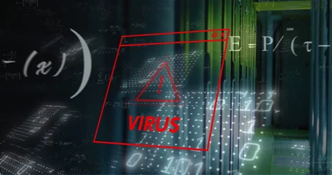 Animation of virus text, binary coding and data processing over computer servers Stock Footage 265551787