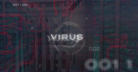 Animation of virus text on circles, circuit board pattern, binary codes, numbers Stock Footage 247772841