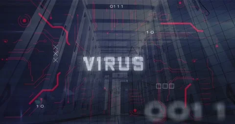 Animation of virus text in circles over mathematical equations and computer Stock Footage 328150586