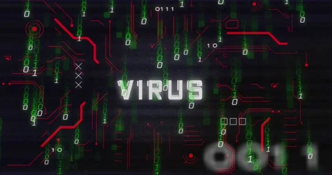 Animation of virus text in circuit board pattern over falling binary codes Stock Footage 235392674