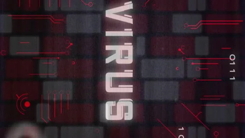 Animation of virus text, circuit board texture, binary codes over red and white Stock Footage 312390284