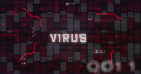 Animation of virus text, circuit board texture, binary codes over red and white Stock Footage 326875827