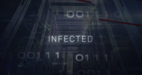 Animation of virus text, digital data processing and circuit board over computer Stock Footage 310486826