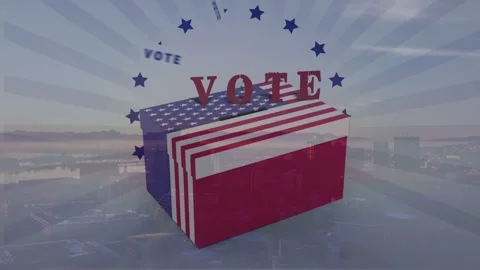 Animation of vote text and box over cityscape Stock Footage 328517256