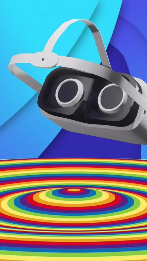 Animation of vr headset and coloured circular surface over blue background Stock Footage 342005312