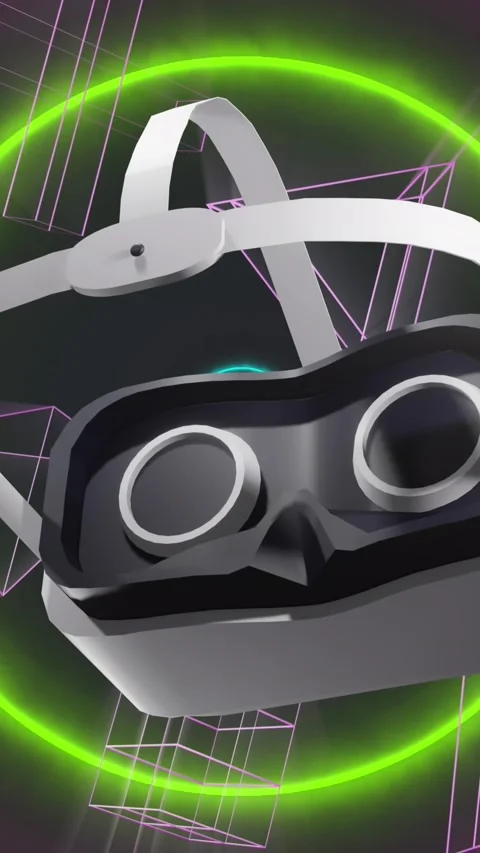 Animation of vr headset over 3d shapes and light trails Stock Footage 323898355