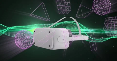 Animation of vr headset over 3d shapes and light trails Stock Footage 328707768
