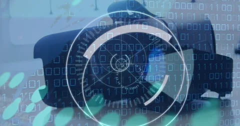 Animation of vr headset over 5g text, binary coding and scope Stock Footage 243657738