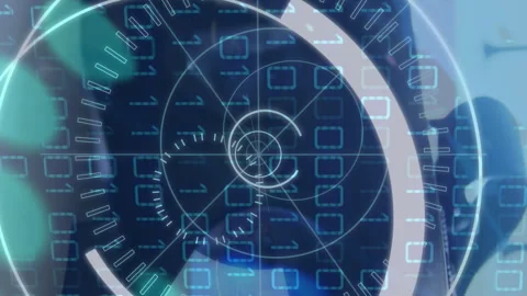 Animation of vr headset over 5g text, binary coding and scope Stock Footage 312521195