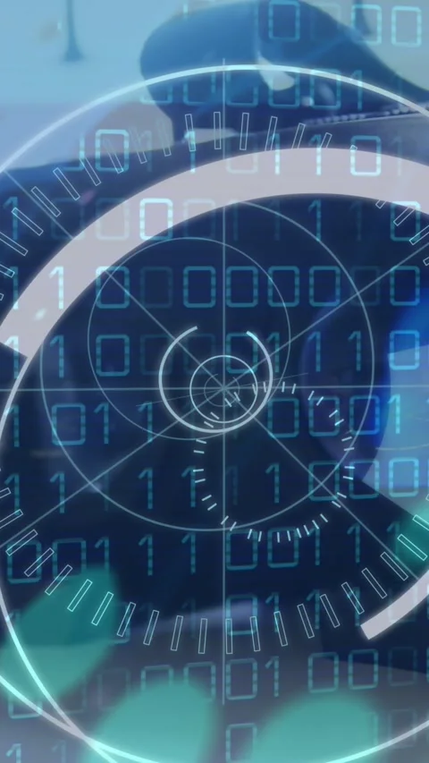 Animation of vr headset over 5g text, binary coding and scope Stock Footage 323897413