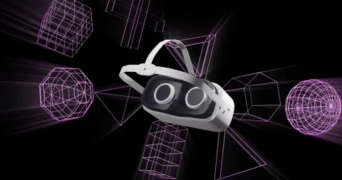 Animation of vr headset over glowing 3d shapes moving on black background Stock Footage 329160211