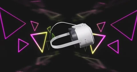 Animation of vr headset over neon triangle shapes and data processing Stock Footage 241344962
