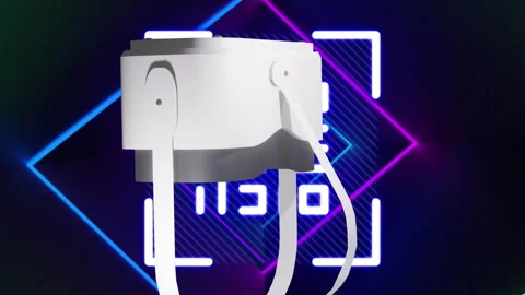 Animation of vr headset over qr code and neon lines data processing Stock Footage 312504622
