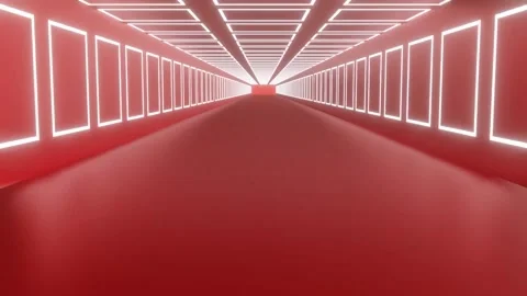 Animation of walking down a red carpet aisle with futuristic light lamps of Stock Footage 280107930