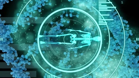 Animation of walking skeleton in loading circles over dna helix and computer Stock Footage 313411946