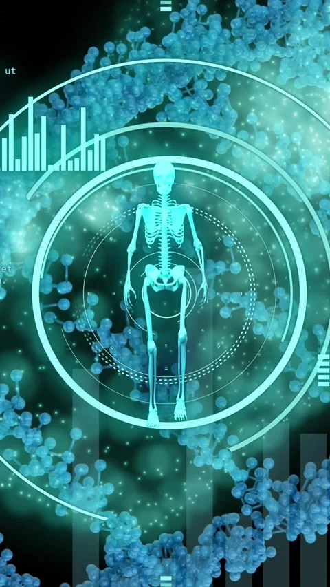 Animation of walking skeleton in loading circles over dna helix and computer Stock Footage 321039347