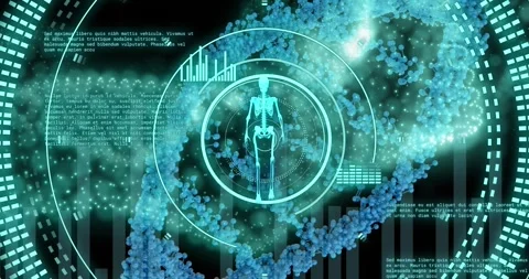 Animation of walking skeleton in loading circles over dna helix and computer Stock Footage 330479122